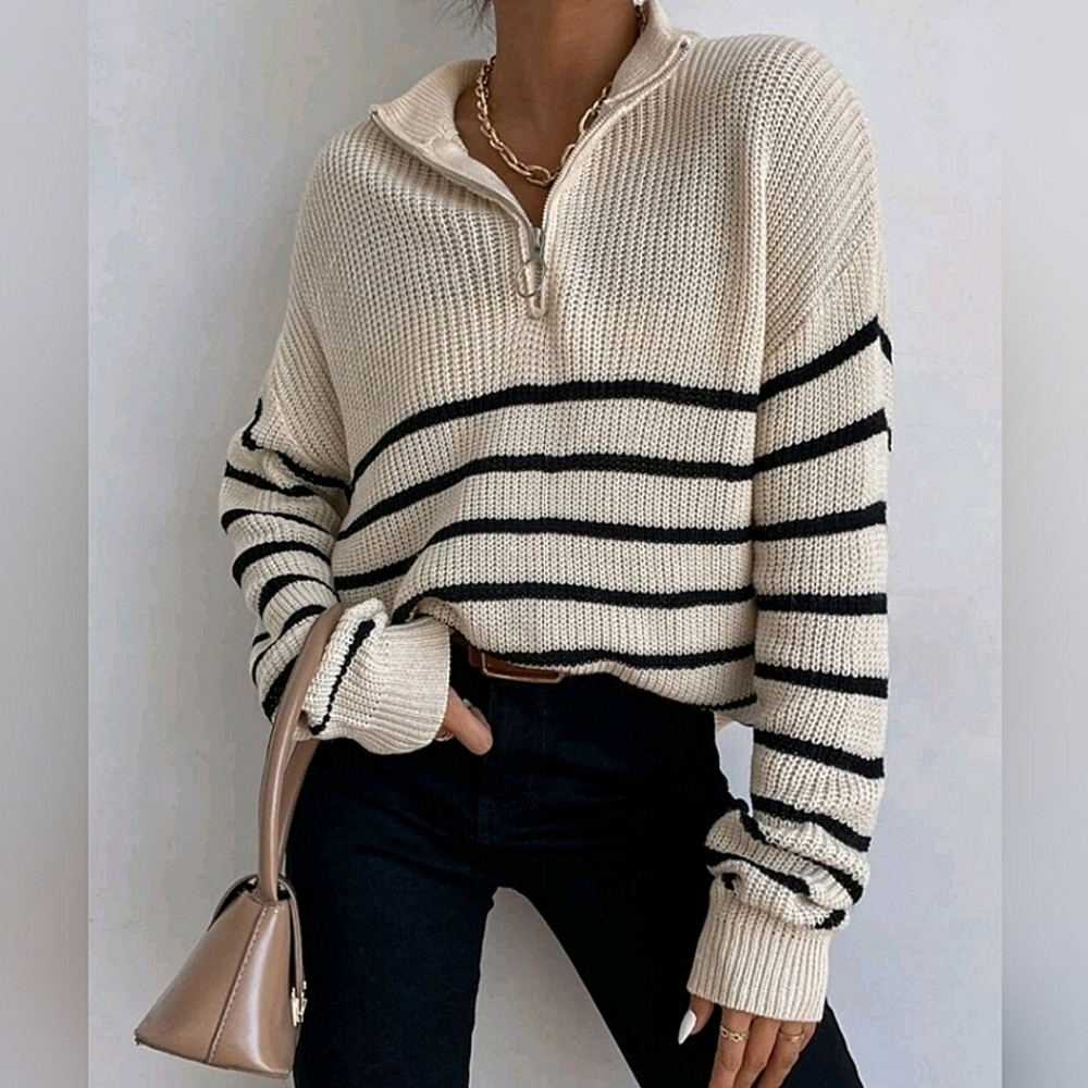 NEW Zip Striped Oversized Knit Pullover Sweater Top Tan Black - Picture 3 of 8